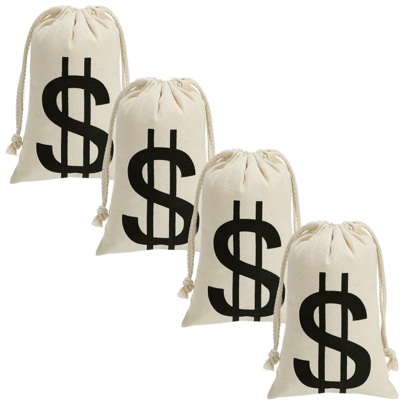 Apipi 4Pcs 6.3 x 9 Inches Canvas Money Bags - Halloween Prop Money Bag with Dollar Sign  Money Sacks for Bank Robber Costume Pirate Cosplay Theme Party - Image 1